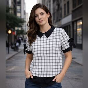 Faith and Joy Women’s Checkered Blouse Size S Short Sleeve Bow Tie